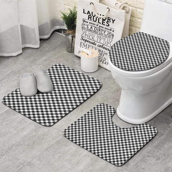 Black White Small Checkered Pattern Bathroom Rugs Sets 3 Piece,Toilet Cover Set,Absorbent Non Slip Bathroom Mats Sets with U-Shaped Contour Rug Toilet Rug Set