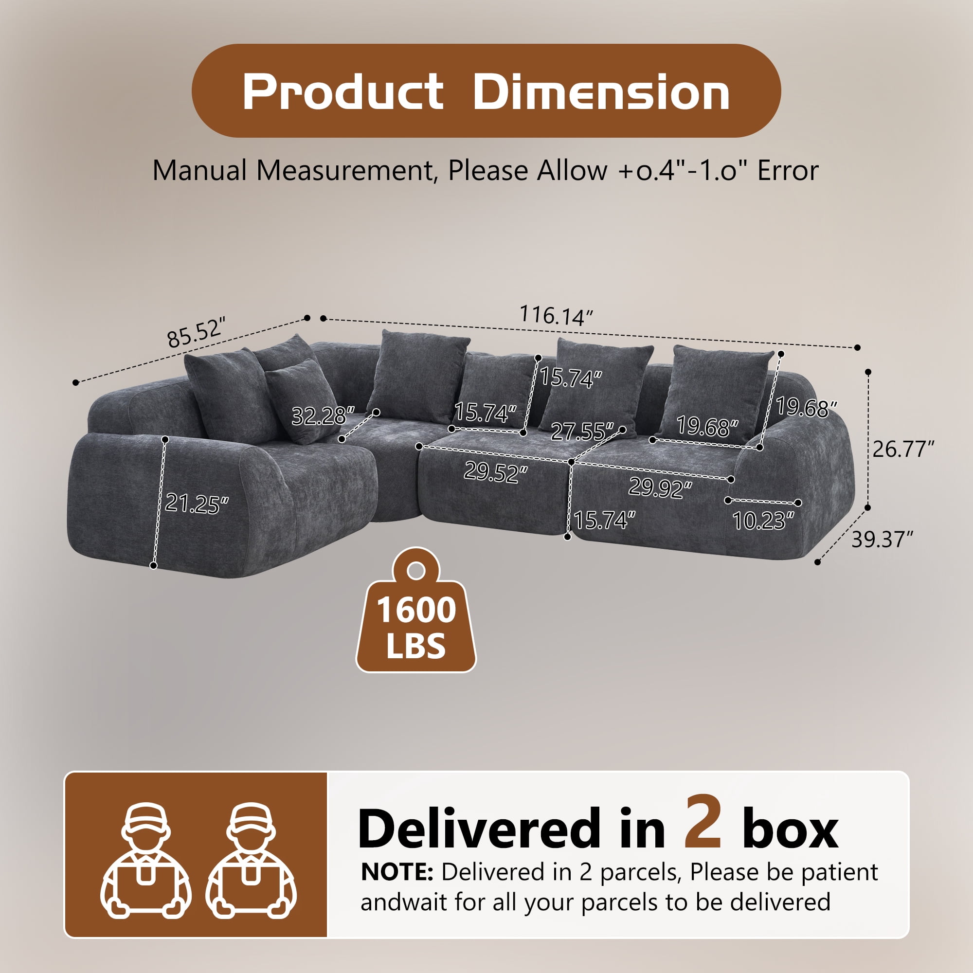 118" Wide Curved Velvet Modular Sectional Sofa, Oversized L-Shaped Cloud Couch with Memory Foam