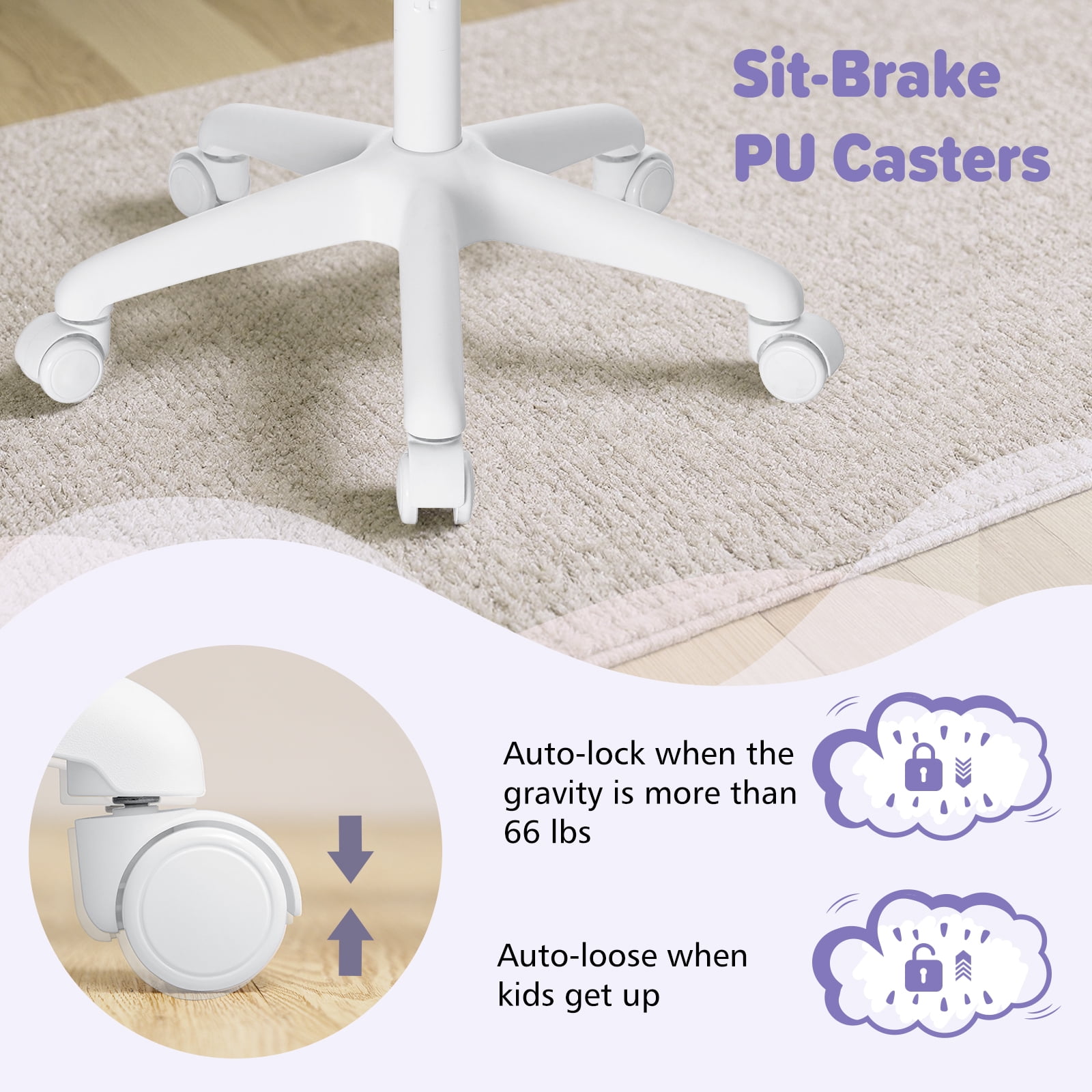 Hoffree Kids Desk Chair with Flipped Arms Wheels Ergonomic Study Chair with Footrest Adjustable Height Rolling Desk Chair for Teens Boys Girls in Study Room Purple