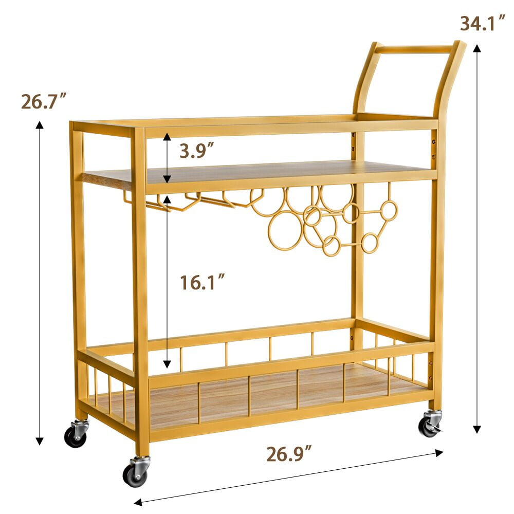 Lacoo Bar Cart Gold, Home Bar Serving Cart, Wine Cart with 2 Shelves, Wine Holders, Glass Holders, for Kitchen, Dining Room, Gold
