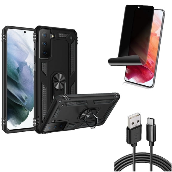 Privacy Screen Protector & 6ft USB Cable & Hybrid Case Cover for Samsung Galaxy S22 (6.1") - TPU Film Fingerprint Works & Type-C Charger Cord & Metal Ring Kickstand Accessory Bundle