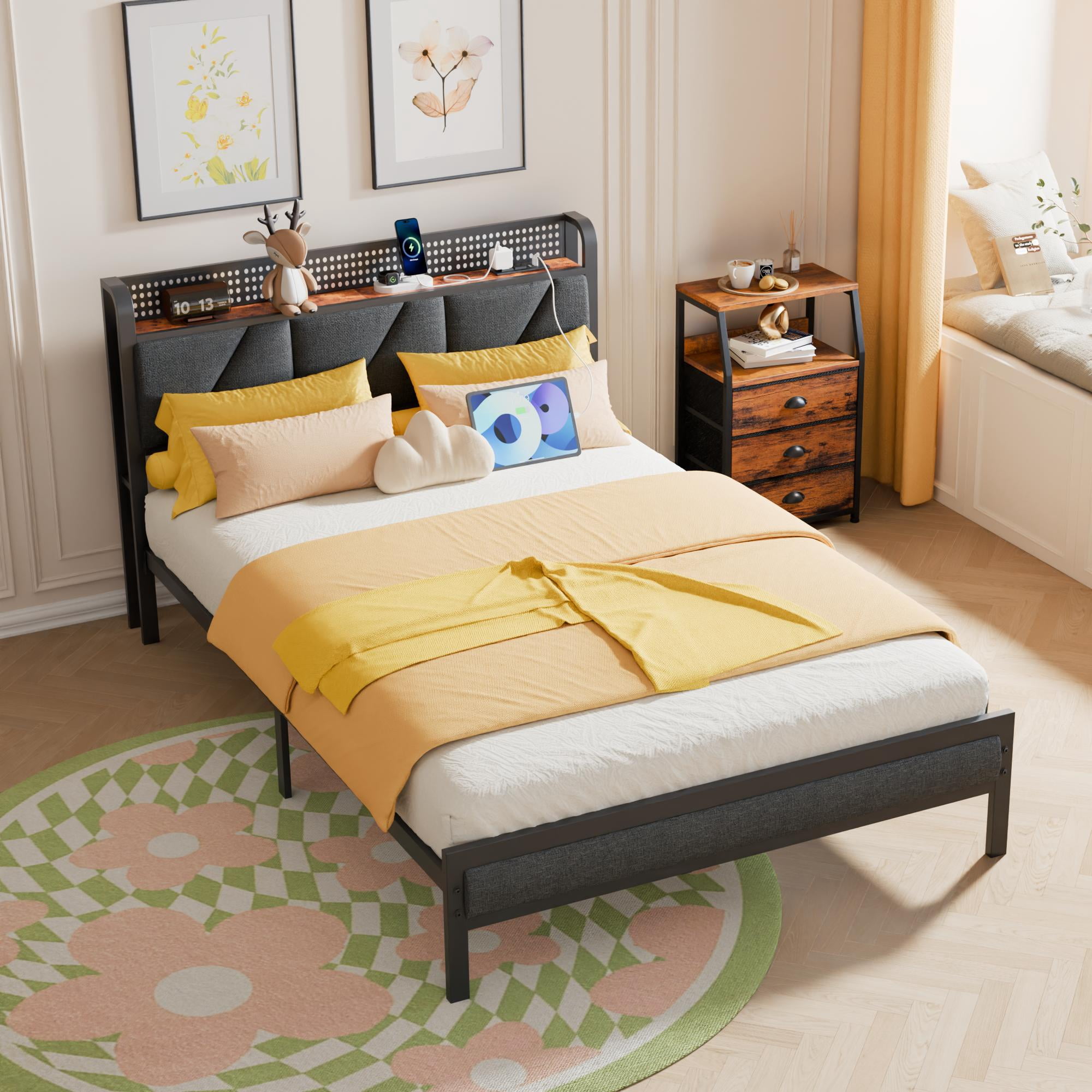 BYT Full Bed Frame with Upholstered Storage Headboard, Metal Platform Bed Station with Charging Station & LED, Noise-Free, No Box Spring Needed