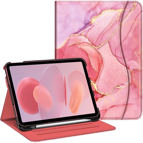 Case for iPad (A16) 11th Generation 11 Inch (2025), 10th 10.9 (2022), Multi-Angle Viewing Protective Stand Cover with Pencil Holder & Pocket, Marble Pink