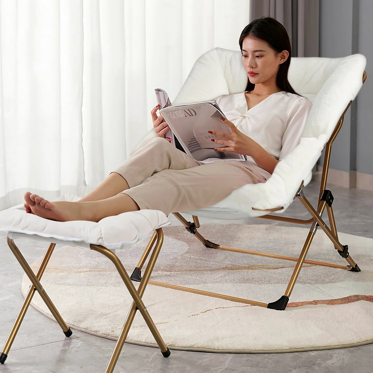OAKHAM Comfy Saucer Chair with Ottoman Folding Faux Fur Lounge Chair with Footrest Stool for Bedroom and Living Room Flexible Seating for Kids Teens