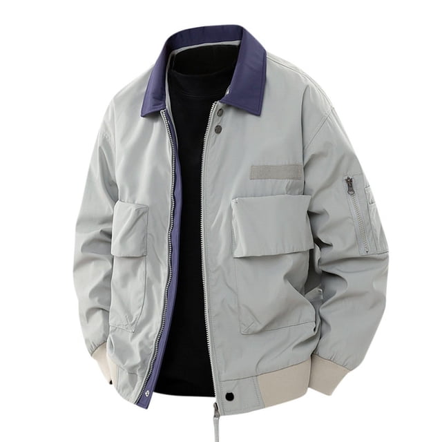 Men's Work Jacket, Windproof Long Sleeve Lapel Design with Pockets, Solid Color Casual Coat for Fall Outdoor Activities and Daily Wear