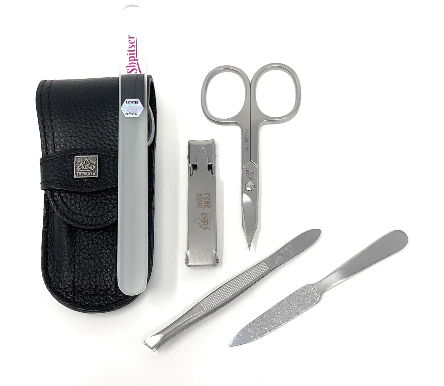 Erbe Solingen 4 pcs Surgical Stainless Steel German Manicure Set Grooming Kit In Luxury Genuine Leather Case Made in Solingen Germany With BONUS: SHPITSER Crystal glass Nail File