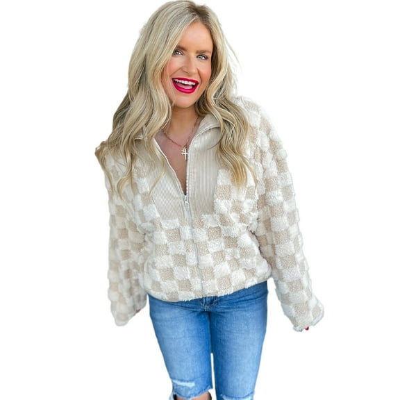 Khaki Checker Sherpa Corduroy Patchwork Zip-Up Collared Jacket for Women - [ZhiHiMeRi] | L