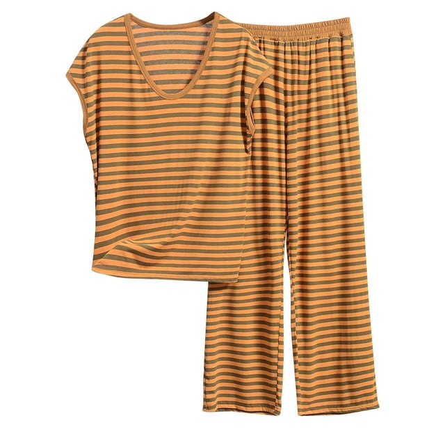 Besolor Pyjama pour Femme Grande Taille à Rayures, Col Ras du Cou, Sans Manches, Camisoles et Ensembles de Pantalons, Tenue de Nuit, Pjs