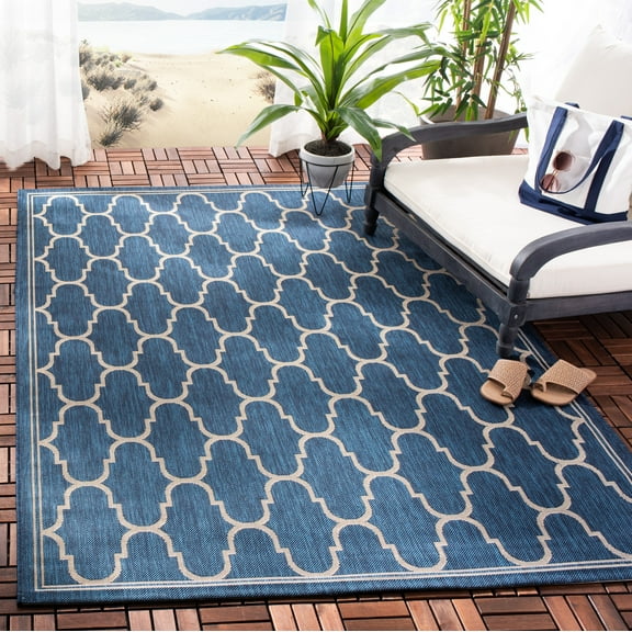 SAFAVIEH Courtyard Eustacia Geometric Indoor/Outdoor Area Rug, Navy/Beige, 9' x 12'6"