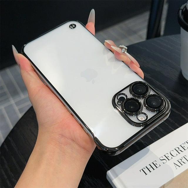 Transparent Ultra Thin Frameless Phone Case For iPhone 16 Pro Max 16 Plus 15 Pro Max Luxury Full Lens Plating Protection Cover Black For iPhone 16 Pro