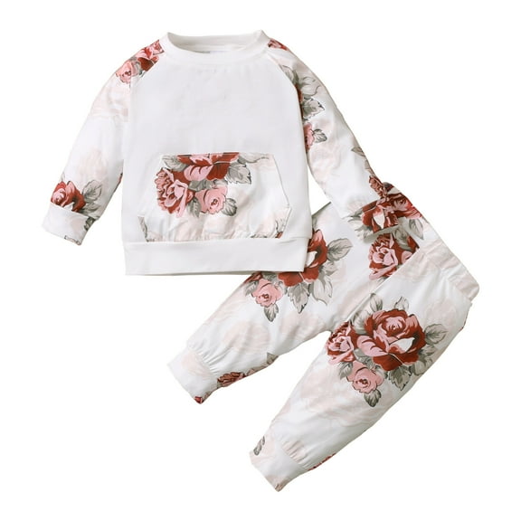 Infant Baby Girls Clothes Baby Girls 2PCS Outfits Long Sleeve Round Neckline Tops Pants Set Floral Outfits White 6-9 Months