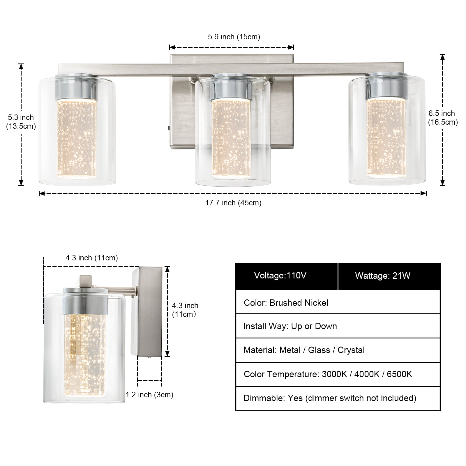 SineRise 3-Light LED Vanity Mirror Light, 17.3in Modern Bathroom Wall Lamp, 3-Color Modes, Dimmable Brushed Nickel Finish