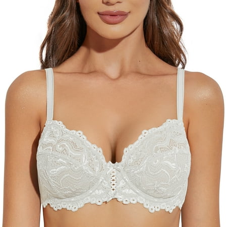 Deyllo Women s Push up Lace Bra Unlined Plus Size Wired Support Unpadded See-Though Bra  White 38C