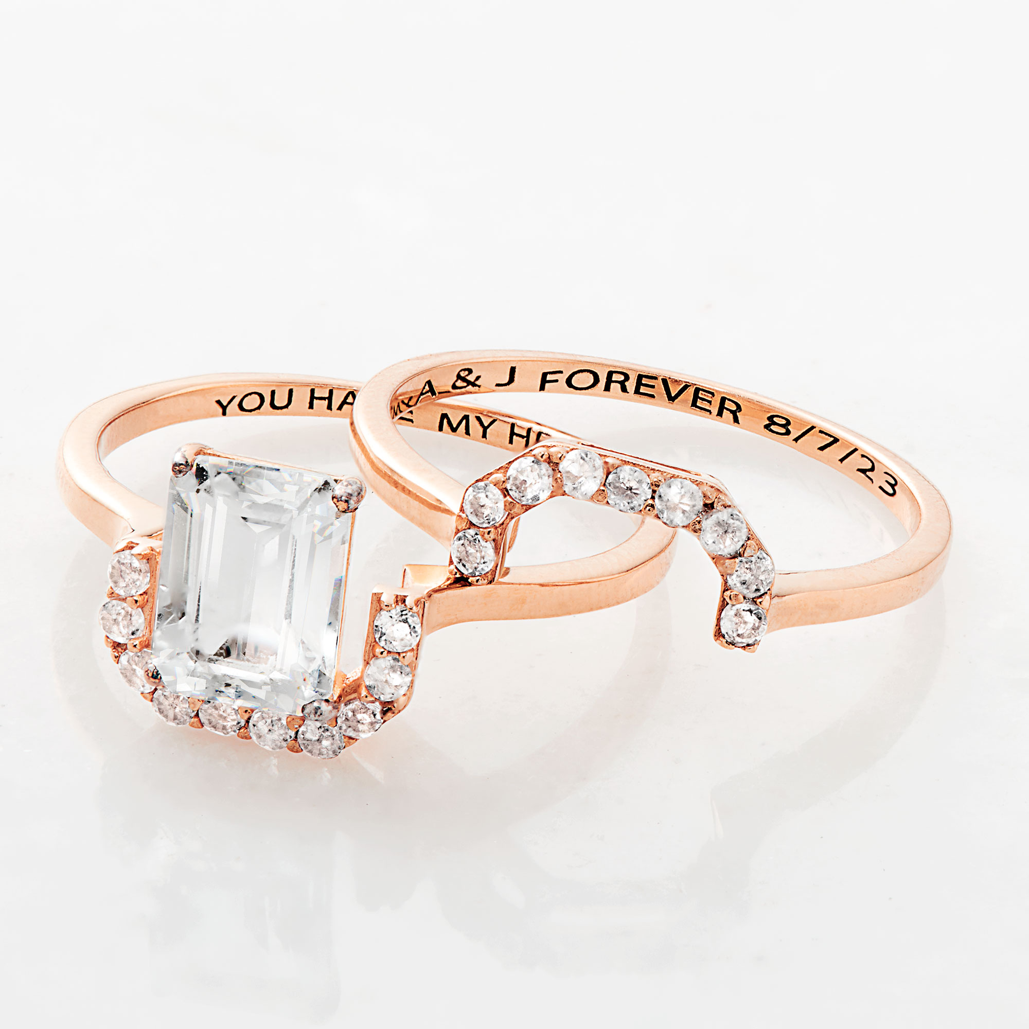 Vow & Forever Personalized Planet Bridal 14K Rose Gold over Sterling Silver Emerald Cut White Topaz 2 Piece Engraved Wedding Set ,Women's