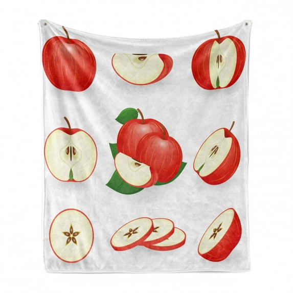 Sweets Soft Flannel Fleece Blanket, Yummy Chopped Apple Slices Juicy Fresh Fruits Delicious Nature Illustration Print, Cozy Plush for Indoor and Outdoor Use, 60" x 80", Cream Scarlet, by Ambesonne