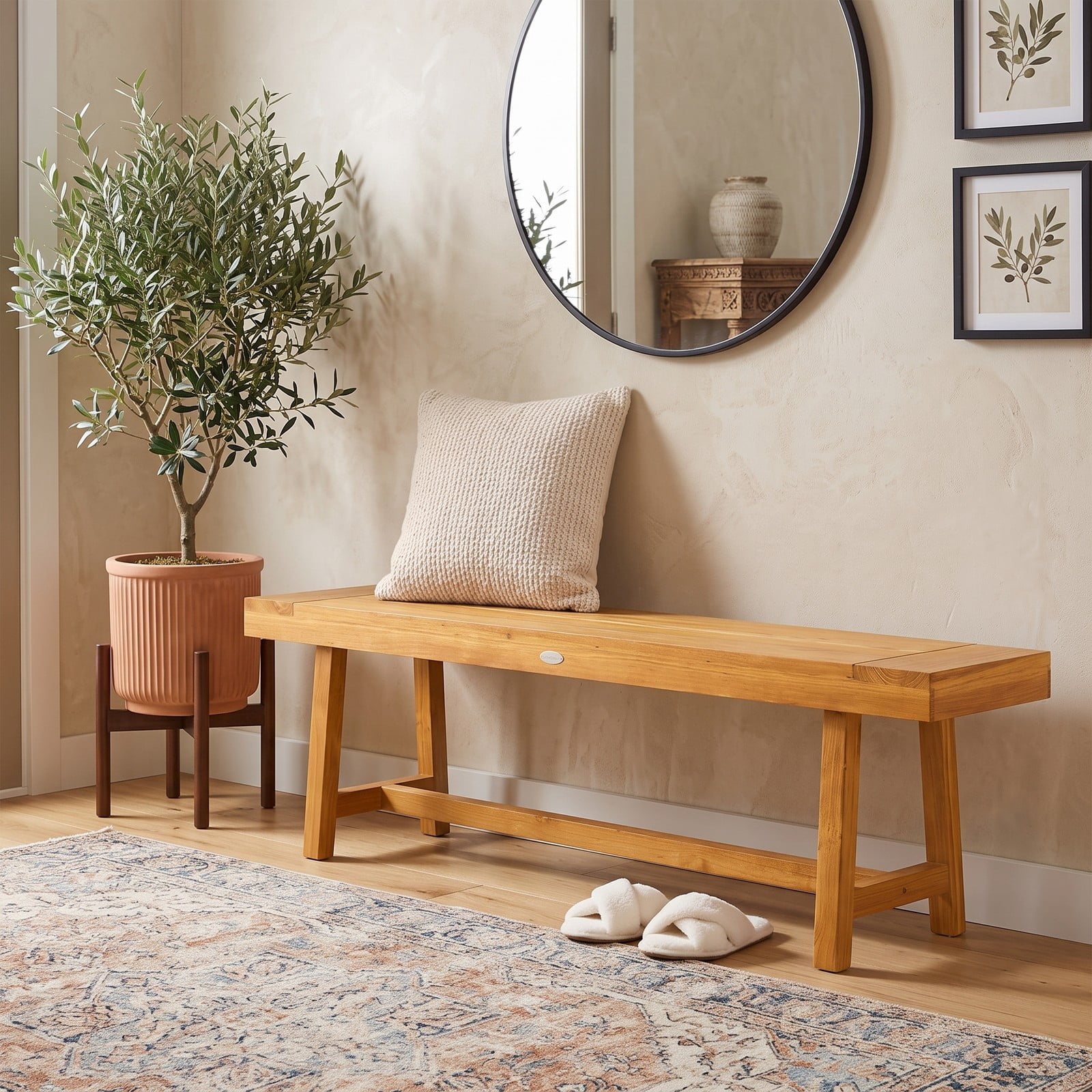 Furnibear 63 Inch Solid Teak Wood Bench for up to 3 People with Trestle Legs for Dining Room Living Room and Entryway, Natural