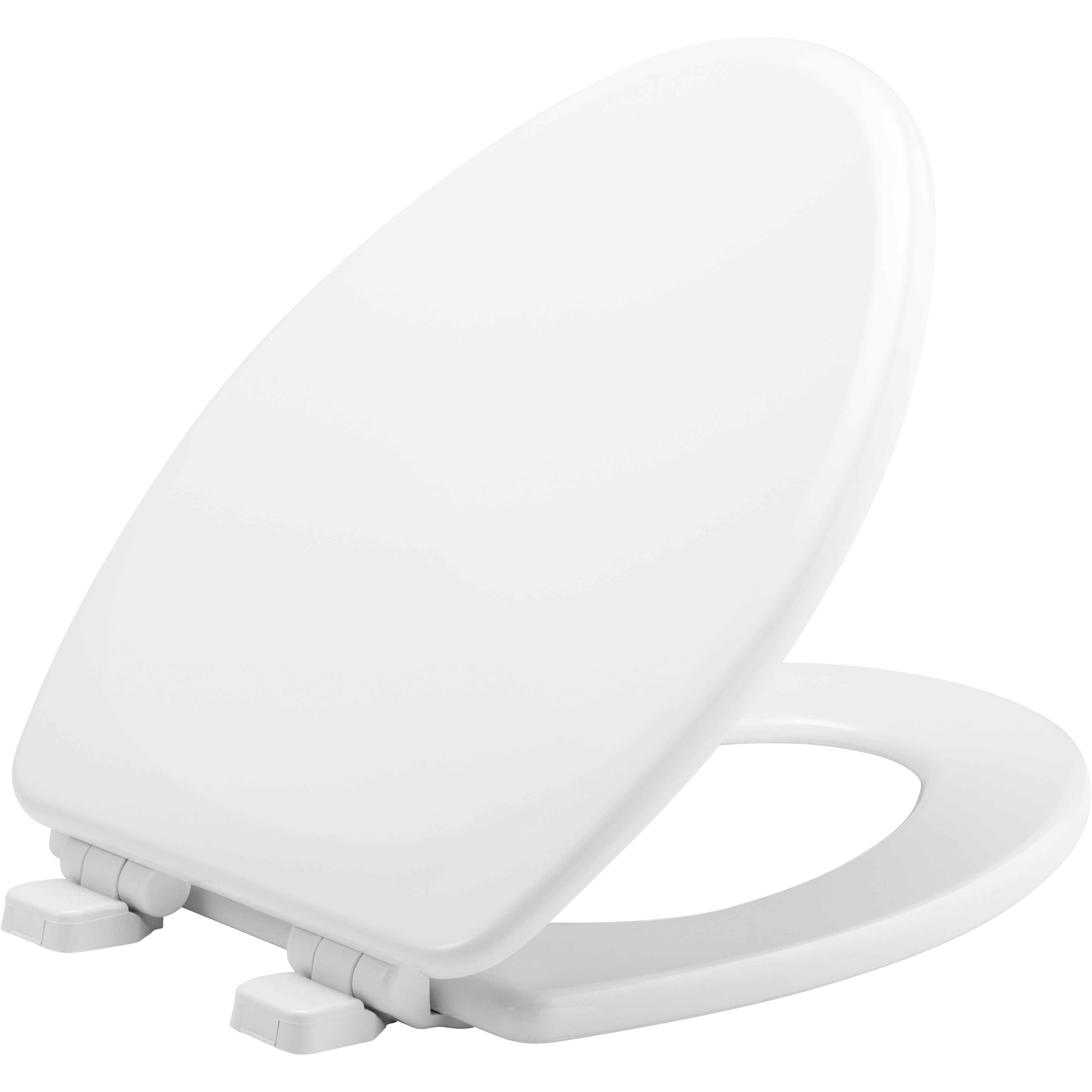 Mayfair Elongated Closed Front White Wood Toilet Seat with Brushed Nickel Hinges 