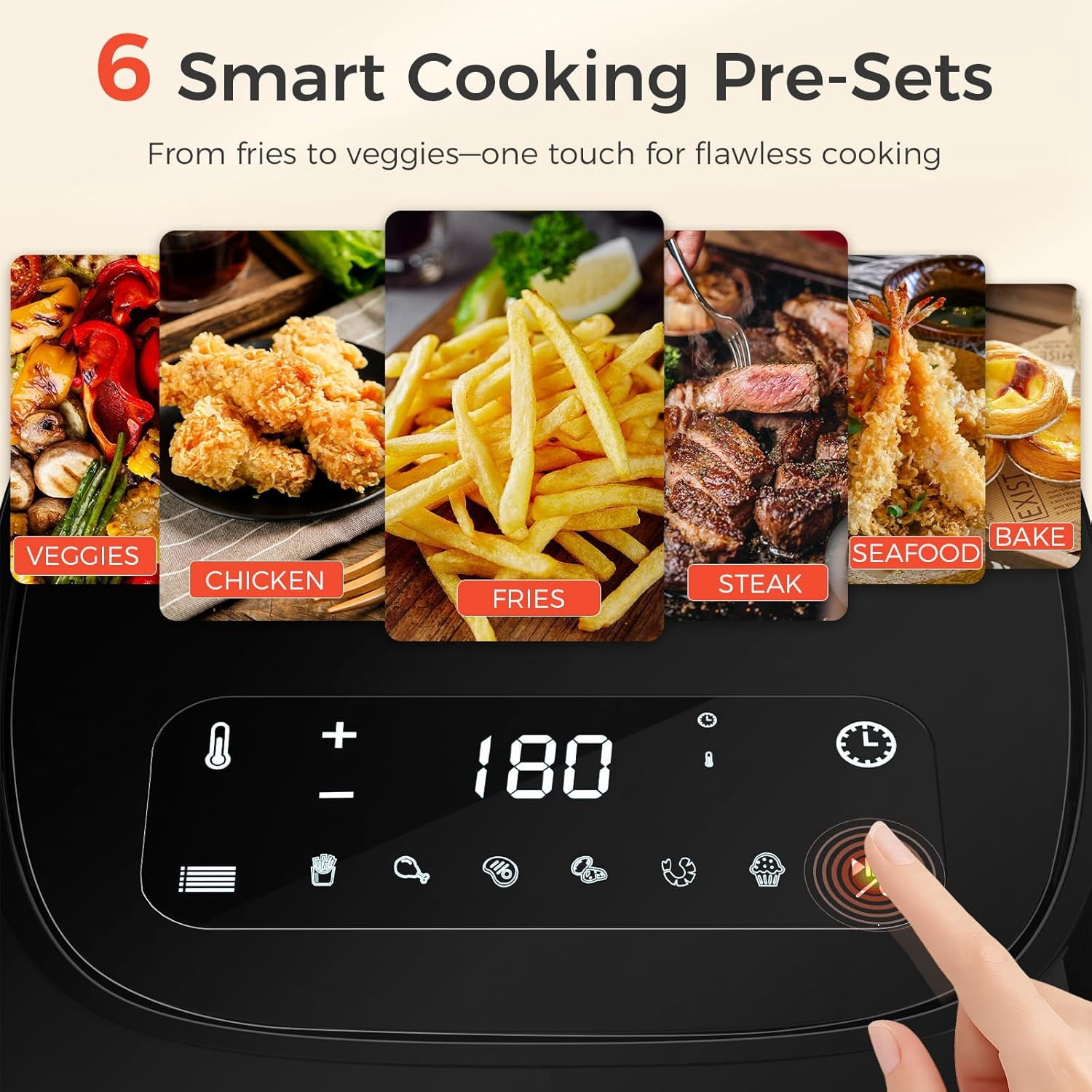 4.5QT Fryer with Tempered Glass LED Touch Screen, 6 Presets One-Touch Cooking