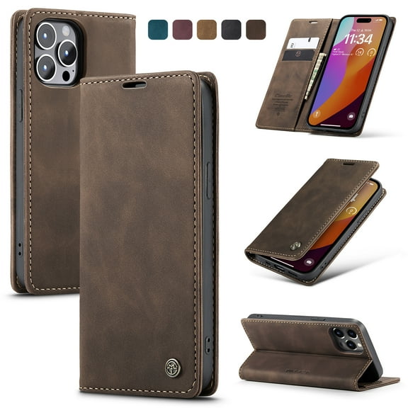 Feishell Slim Wallet Phone Case for iPhone 16 Pro,Premium PU Leather Magnetic Closure Folio ID Credit Card Slots Shockproof Protective Flip Kickstand Phone Cover,Coffee