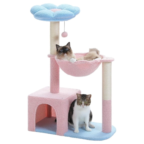 HHBEAUTY Flower Cat Tree, 36.6" Pink Cat Tower with Sisal Scratching Posts for Indoor Cats, Large Hammock, Condo and Top Perch for Kittens, Fluffy Ball, Blue