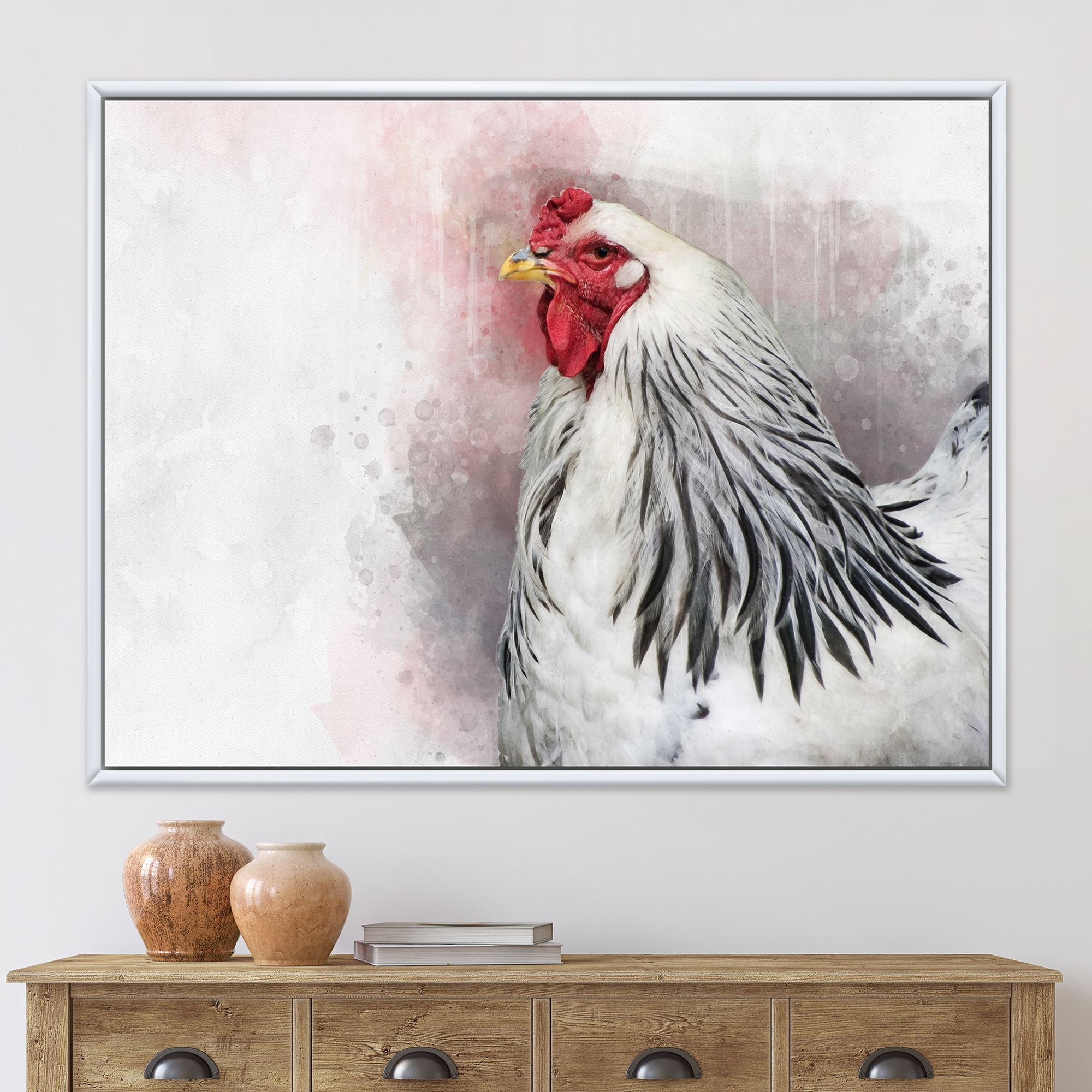 Close Up Of White Columbia Brahma Rooster Bird 20 in x 12 in Framed Painting Canvas Art Print, by Designart