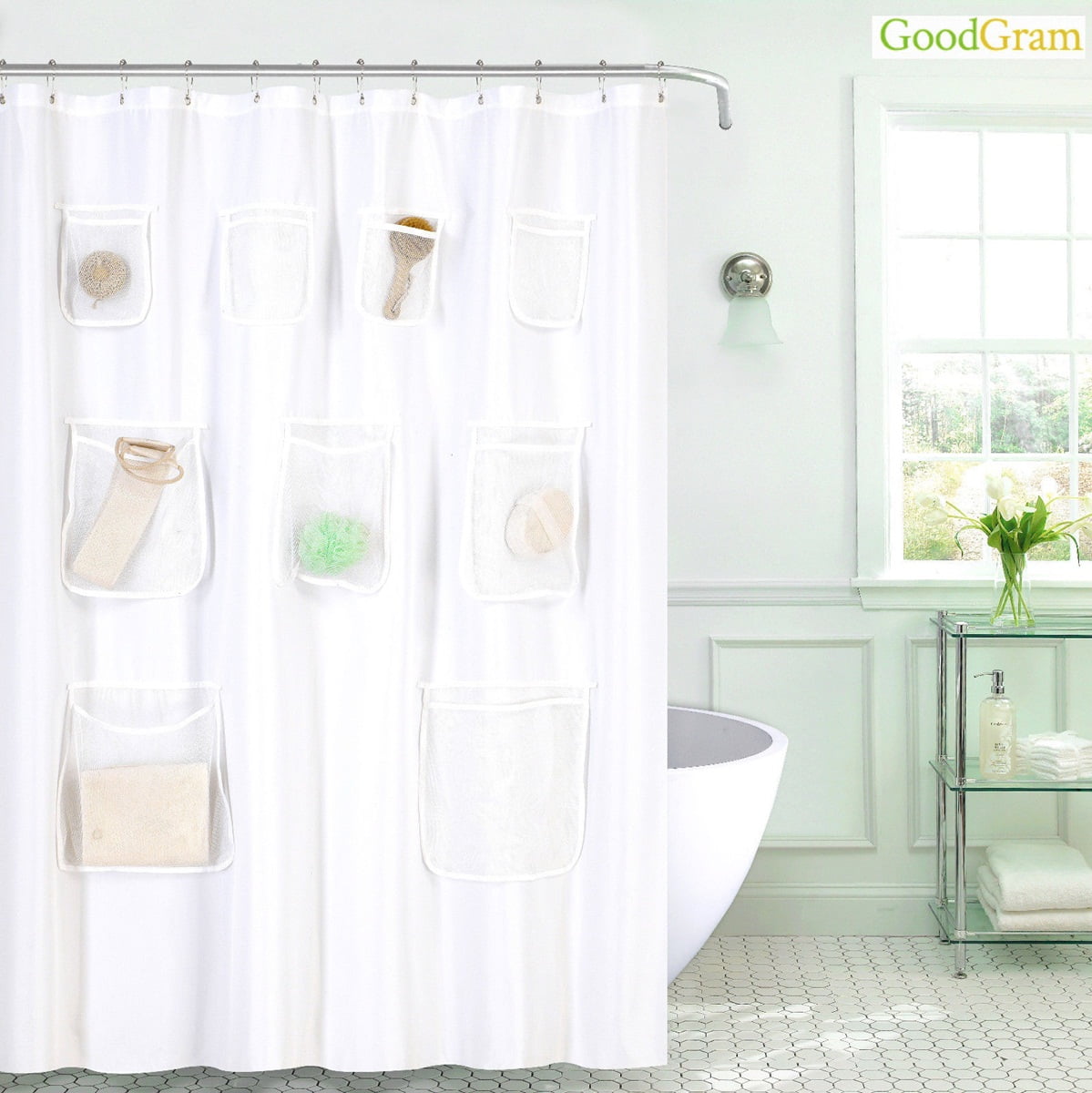 Shower Curtain Bathroom Organizer 9 Mesh Pockets for Easy Storage. 