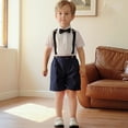 thumbnail image 4 of LYMAYTER Baby Kids Formal Tuxedo Suit Set Short Sleeve Shirt Shorts Bow Tie Suspenders Wedding‌ 1-15Y, 4 of 8