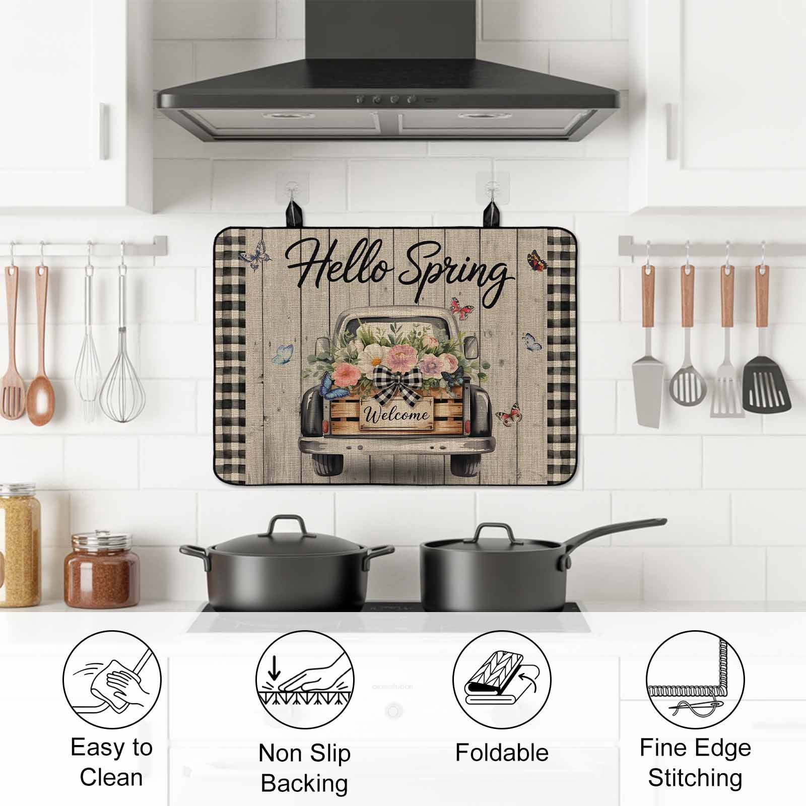 Farmhouse Flower Stove Top Cover for Electric Stove, Heat-proof & Non Slip Glass Top Stove Cover Protector, Spring Vintage Truck Black Plaid Wood Grain Kitchen Flat Cooktop Rubber Mat 24x21 Inches