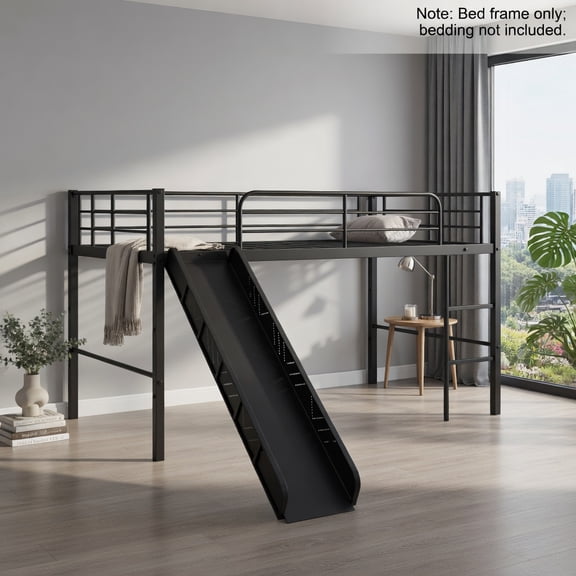 Demi Bonn Twin Metal Loft Bed with Slide Safety Guardrails and Built-in Ladder for Teens, Black