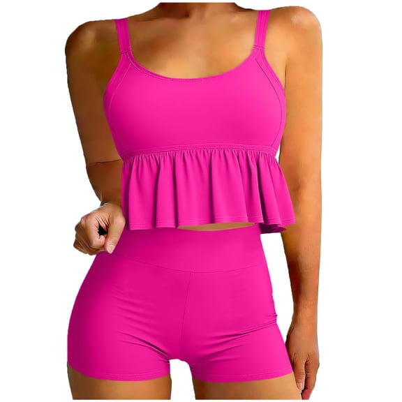 Hduncf Two Piece Bikini Sets for Women High Waisted Bottoms Swimsuit Full Coverage Padded Bathing Suit Beachwear Pink XXL