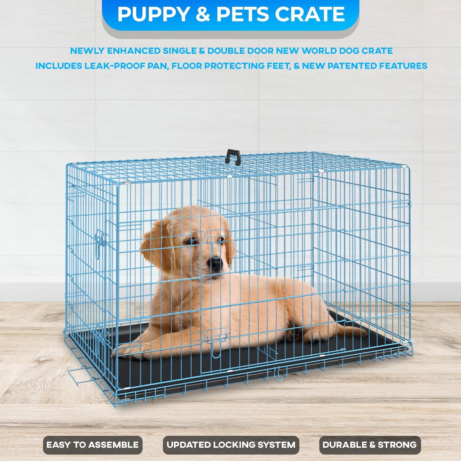FDW 24 inch Foldable Metal Dog Crate for Small Dogs, Double Door, Divider, Removable Tray(Blue)