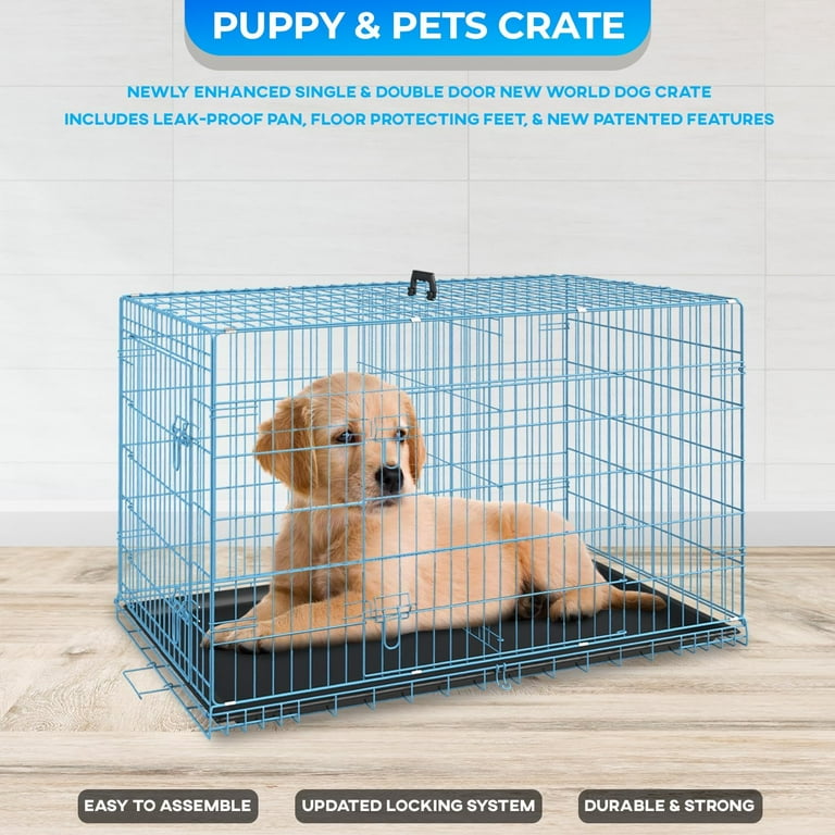 FDW 24 inch Foldable Metal Dog Crate for Small Dogs, Double Door, Divider, Removable Tray(Blue)