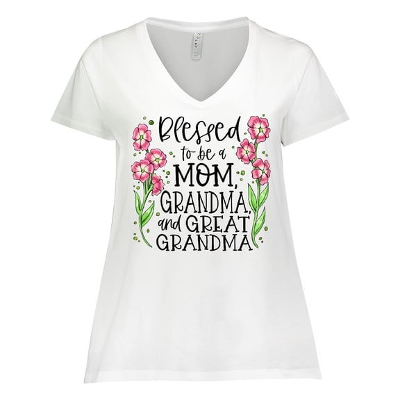 Inktastic Blessed to Be a Mom, Grandma, and Great Grandma Pink Flowers Women's Plus Size V-Neck T-Shirt