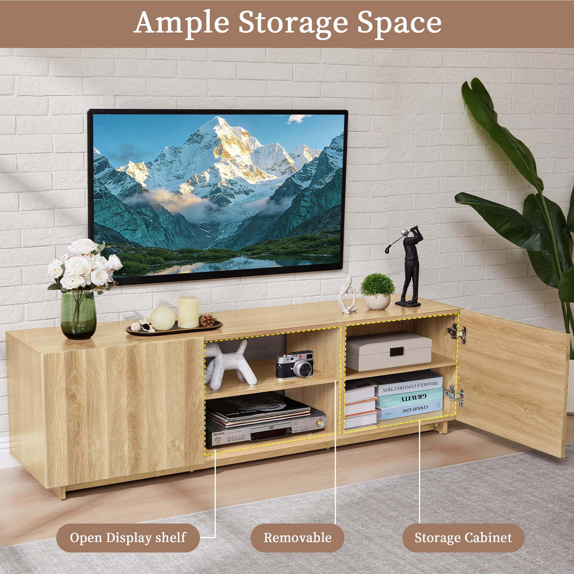 LEFHDA Fluted 61" TV Stand for TVs up to 75", Mid Century Modern Entertainment Center with 2 Doors & Adjustable Shelves, Wood Media Console Table for Living Room, Bedroom (Oak)