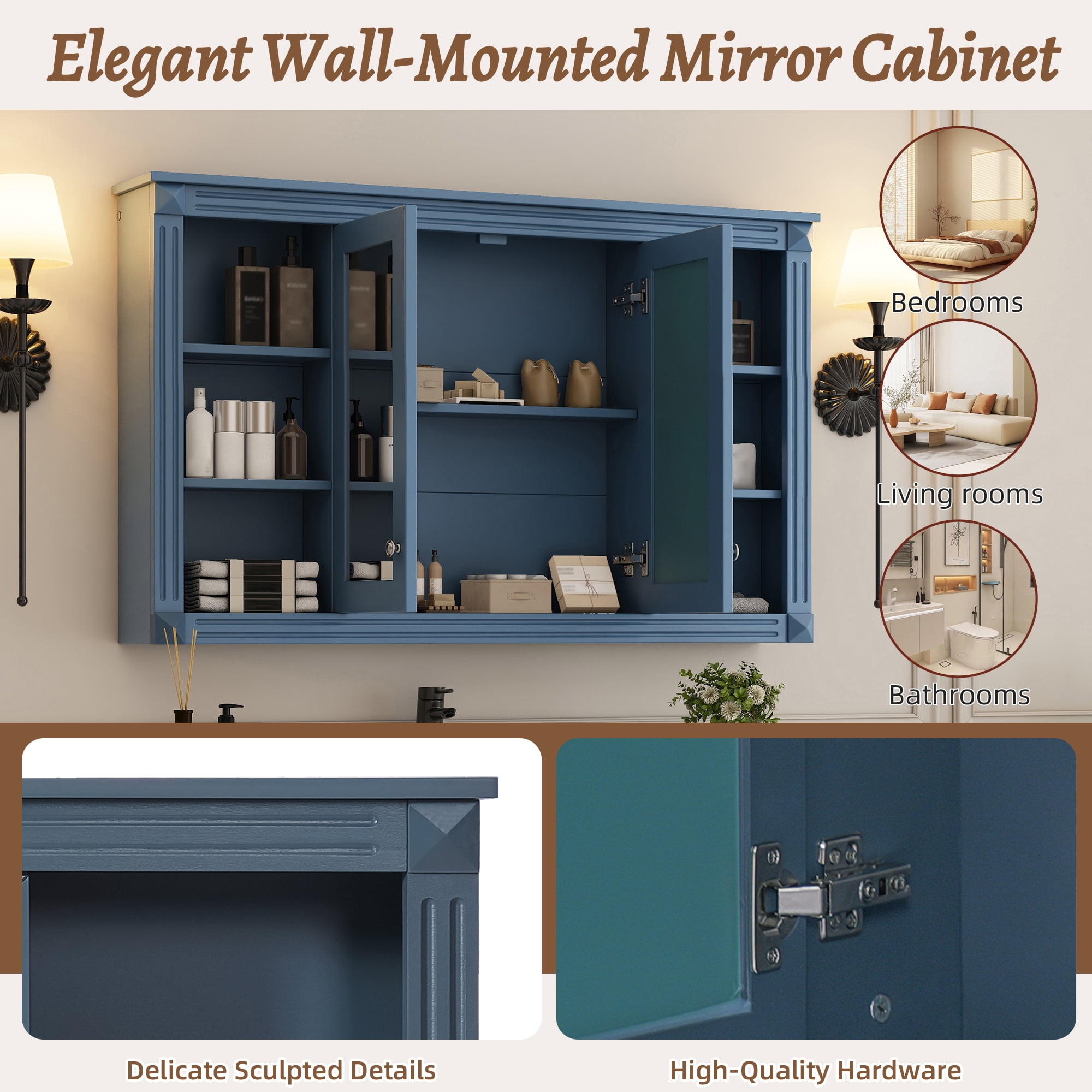 Euroco 47 Inch Bathroom Mirror Cabinet with Storage, Adjustable Shelf and Open Shelves, Wall Mounted Medicine Cabinet for Bathroom, Bedroom, Vanity