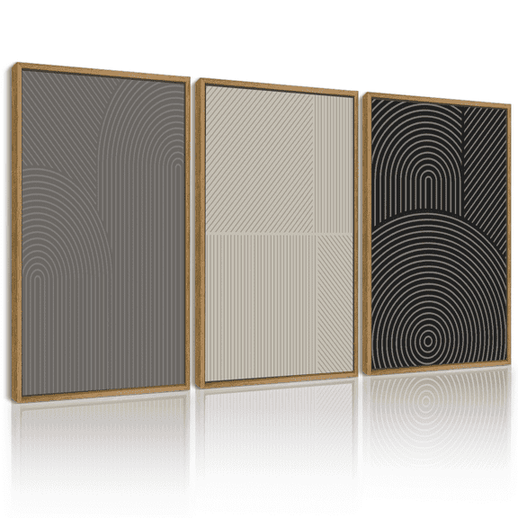 SHENIFY large 24x36in3pcs Natural Framed Mid-Century Modern Wall Art Minimalist Abstract Boho Neutral Line Wall Decor Geometric Artwork Kitchen Hallway