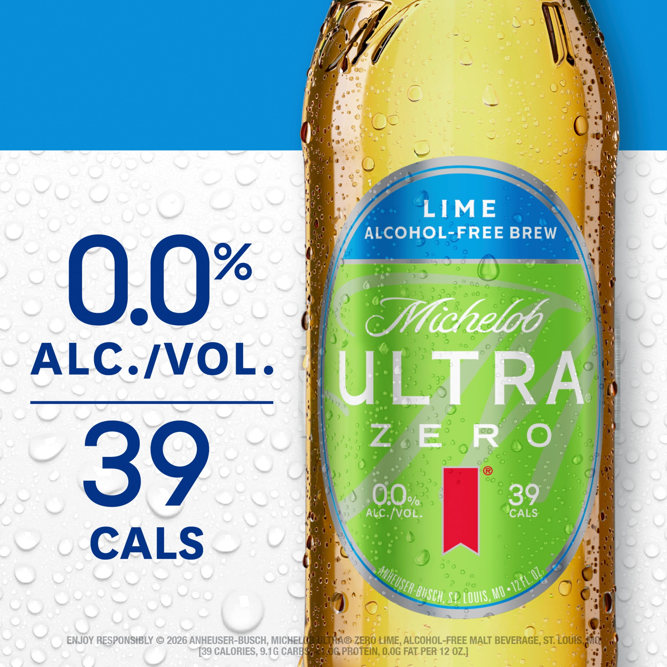 Michelob Ultra Zero Lime Non-Alcoholic American Lager Beer, 6 Pack, 12 fl oz Glass Bottles, 0% ABV
