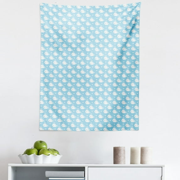 Whale Tapestry, Young Marine Animals Squirting Water with Little White Hearts Shower Design, Fabric Wall Hanging Decor for Bedroom Living Room Dorm, 5 Sizes, Pale Blue White, by Ambesonne