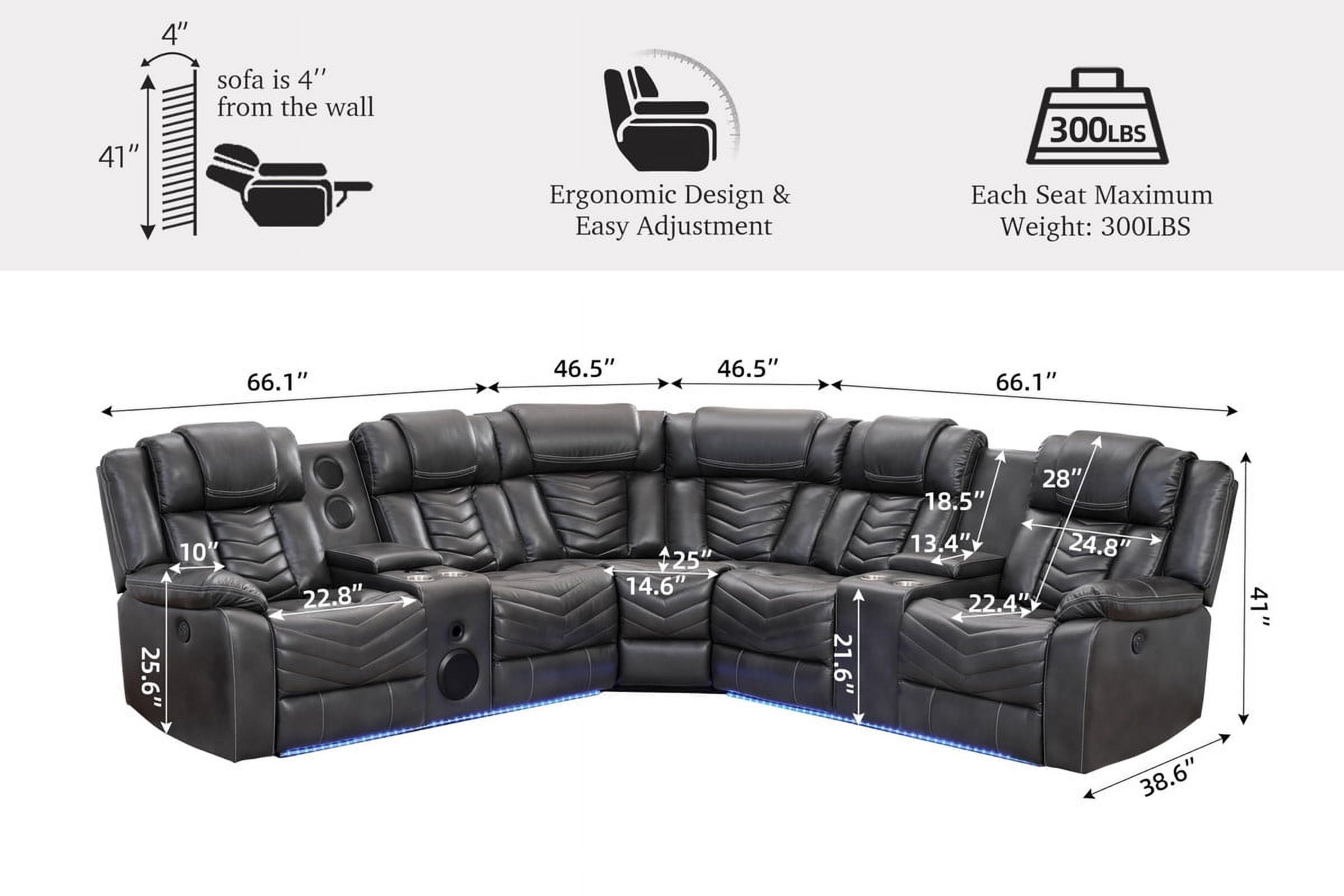 Power Reclining Sectional Sofa with Bluetooth Speakers,USB Ports,LED Lights,Cup Holders,Storage Console,Faux Leather Electric Corner L-Shaped Recliner Couch,5 Seater for Living Room Gray