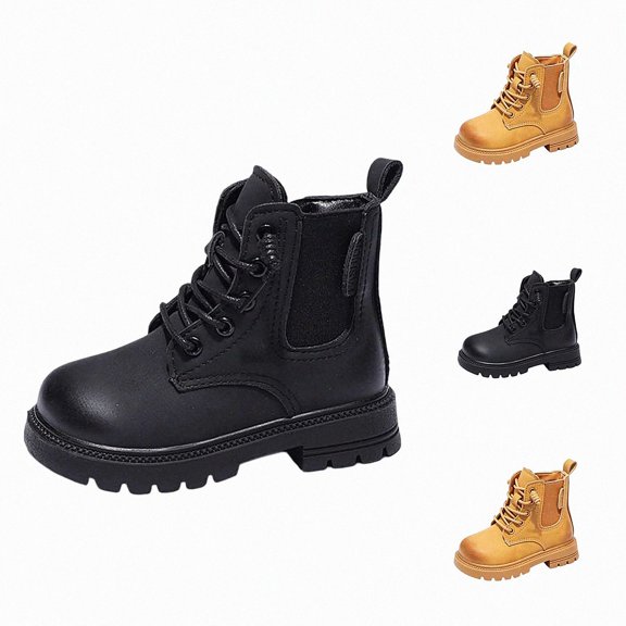 Viluyesy Girls Combat Boots Lace-Up Elastic Side Chunky Sole Non-Slip Comfortable Durable Easy On Off Shoes Black Size 12 Little Kids
