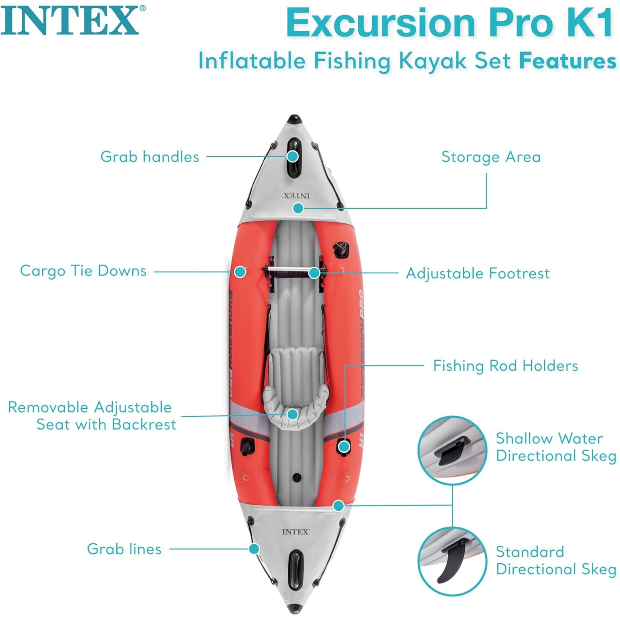 Intex: Excursion Pro K1 - 10' Inflatable Kayak Set - Orange & Gray, Aluminum Paddle Oars, Pump, Fishing Rod Holders, Adjustable Bucket Seat, 220lb Cap
