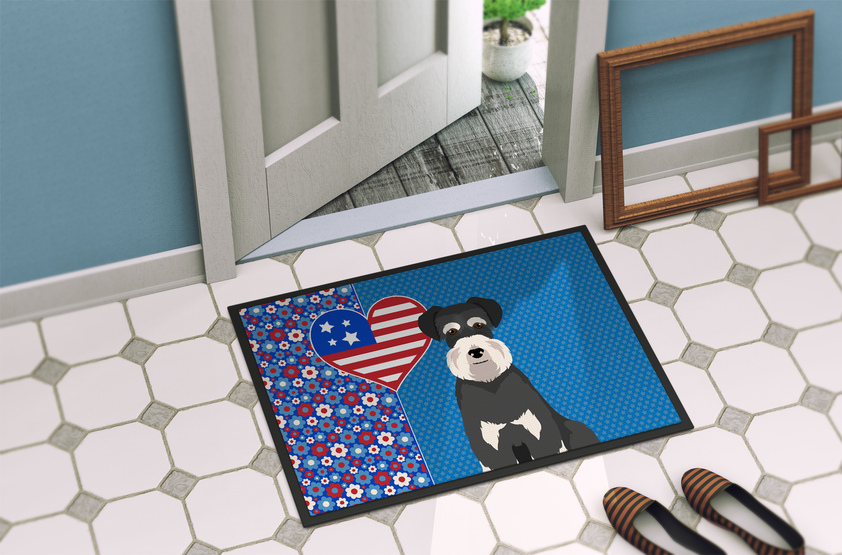 Black and Silver Natural Ears Schnauzer Indoor or Outdoor Mat 24x36 36 in x 24 in