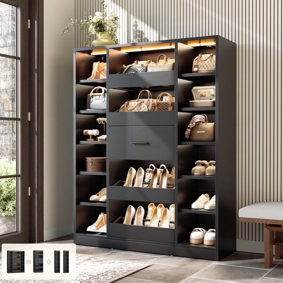 7-Tier Shoe Cabinet with 12 Shelves & 5 Drawers, 40''W Shoe Rack with LED Lights, Holds Up 30  Pairs of Shoes, Multi-Functional Organizer Cabinet for Entryway/Hallway/Closet, Black