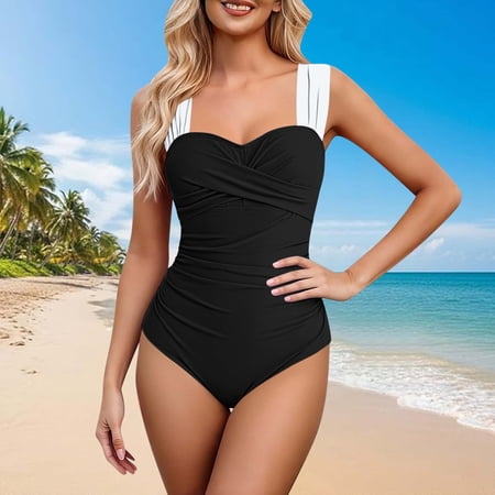 Mifsaly Womens One Piece Swimsuit Ruched Tummy Control Bathing Suits Color Block Strap Cross Front Monokini Slim Fit Athletic Swimming...
