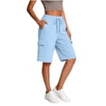 thumbnail image 3 of Yievot Waffle Knit Cargo Shorts for Women Elastic Waist Drawstring Knee Length Relaxed Fit Casual Bermuda Shorts, 3 of 4
