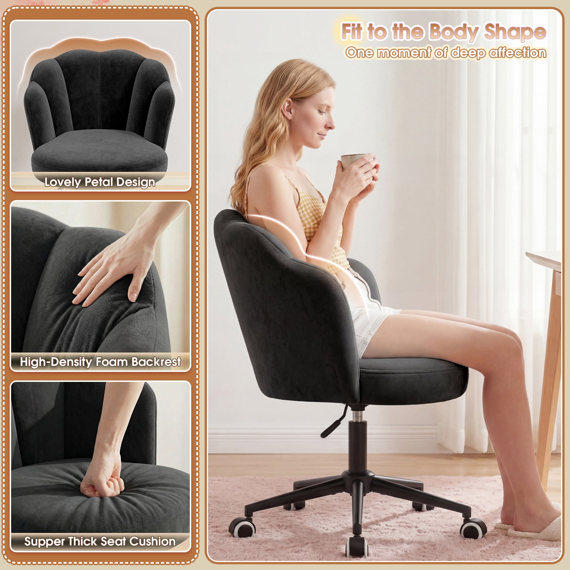 Romorgniz Velvet Vanity Chair with Petal Backrest Height Adjustable Desk Chair with Wheels Seashell Makeup Chair for Bedroom, Black
