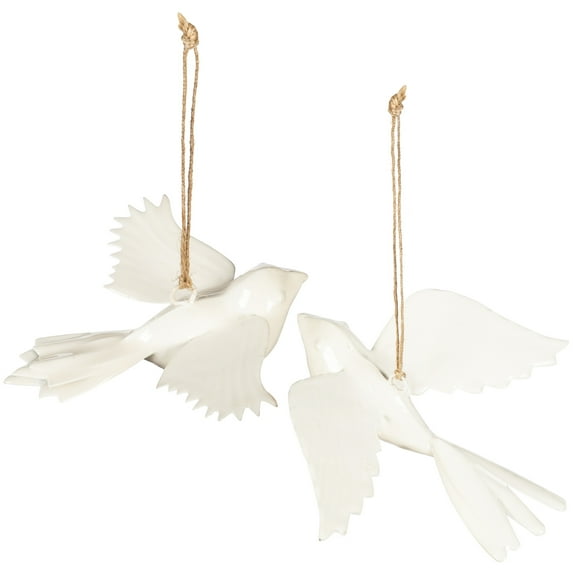 Evergreen Embossed Enamel Hanging Birds, Set of 2, White, 4.4''x 3.8'' x 2.8'' inches