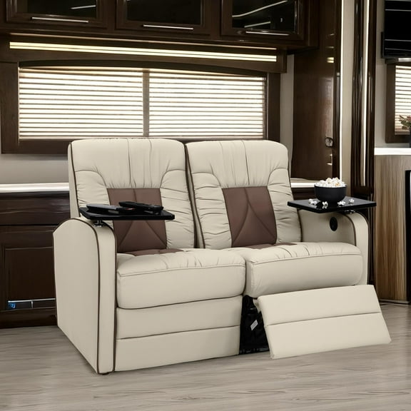 Qualitex De Leon RV Loveseat, Ultimate Leather, Heat and Massage, Power Recline, Bisque and Light Antelope