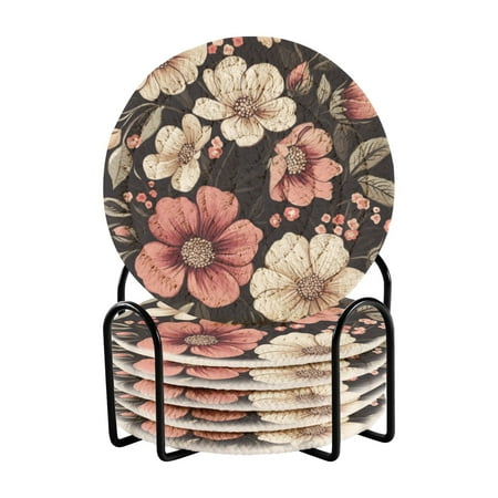 

6 coil coasters 3.94x3.94x0.24 inch water coasters Drink coasters with cup holders Absorbent coasters Heat resistant for bar protection White Flowers Seamless