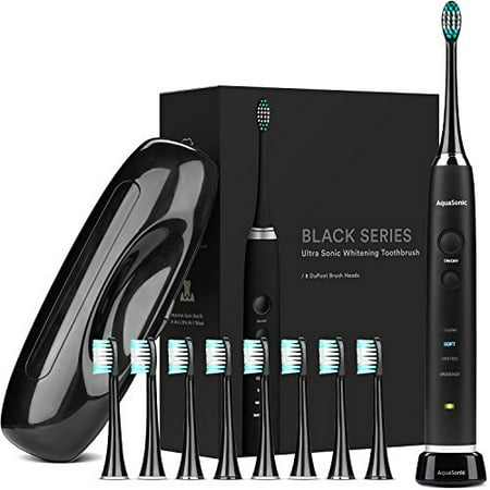 AquaSonic Black Series Ultra Whitening Toothbrush - 8 DuPont Brush Heads & Travel Case Included - Ultra Sonic 40,000 VPM Motor & Wireless Charging - 4 Modes w Smart Timer - Modern Electric (Best Electric Toothbrush To Remove Tartar)